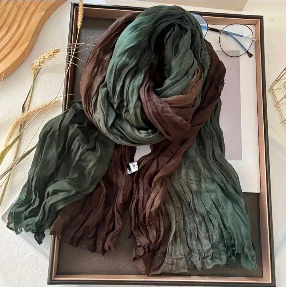 Crinkle Scarf Lightweight Green Brown Textured Wrap